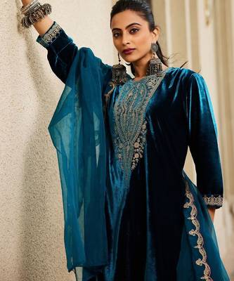 Women Ethnic Motifs Embroidered Regular Velvet Kurta with Trousers & Dupatta 5