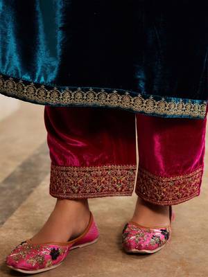 Women Ethnic Motifs Embroidered Regular Velvet Kurta with Trousers & Dupatta 7