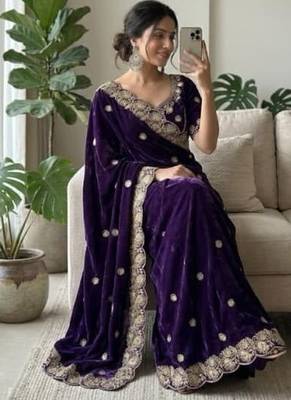 Purple Color embroidery And sequence work Satin Saree 1