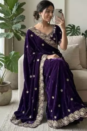 Purple Color embroidery And sequence work Satin Saree