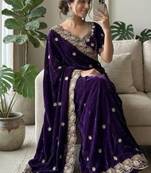 Purple Color embroidery And sequence work Satin Saree
