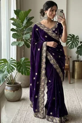Purple Color embroidery And sequence work Satin Saree
