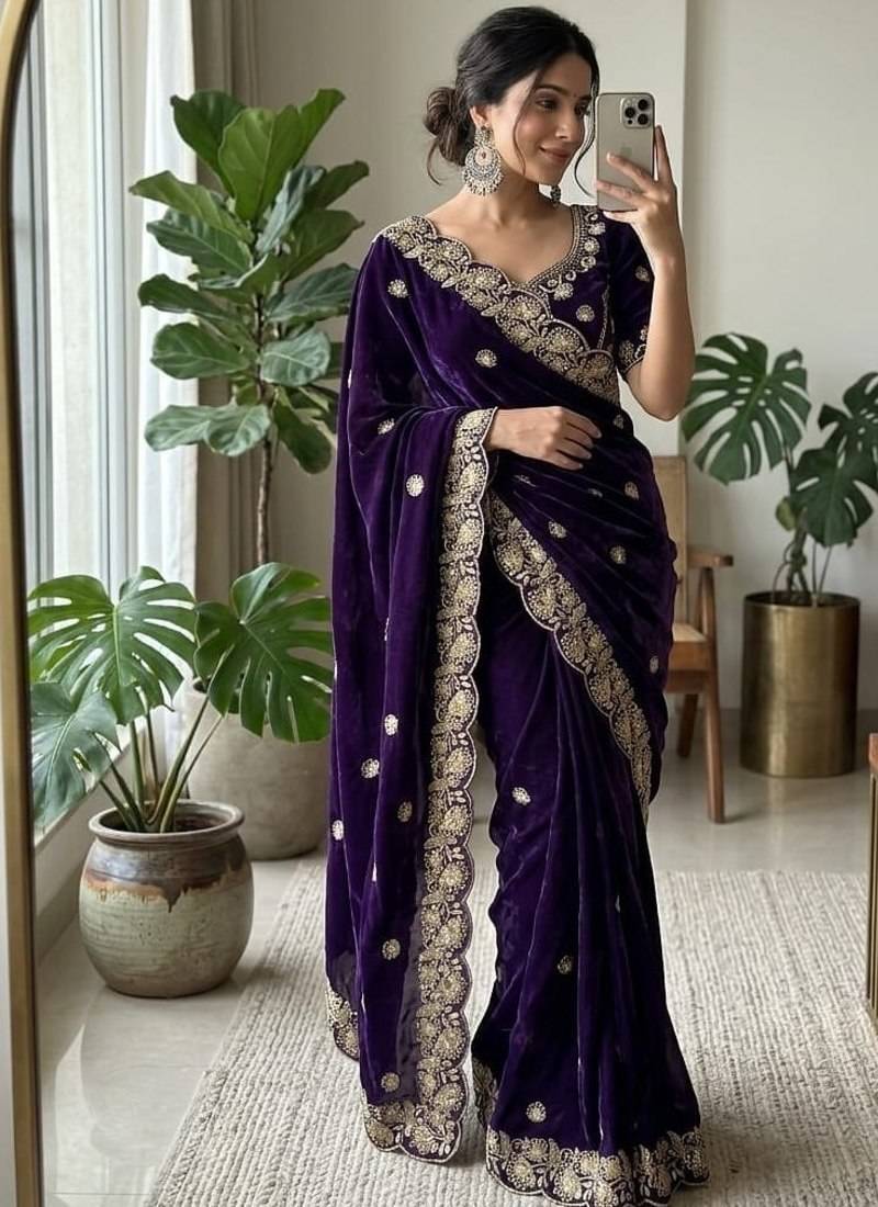 Purple Color embroidery And sequence work Satin Saree