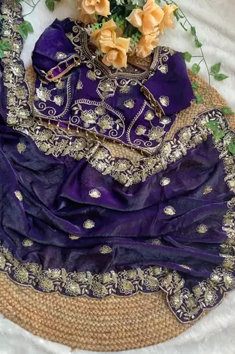 Purple Color embroidery And sequence work Satin Saree