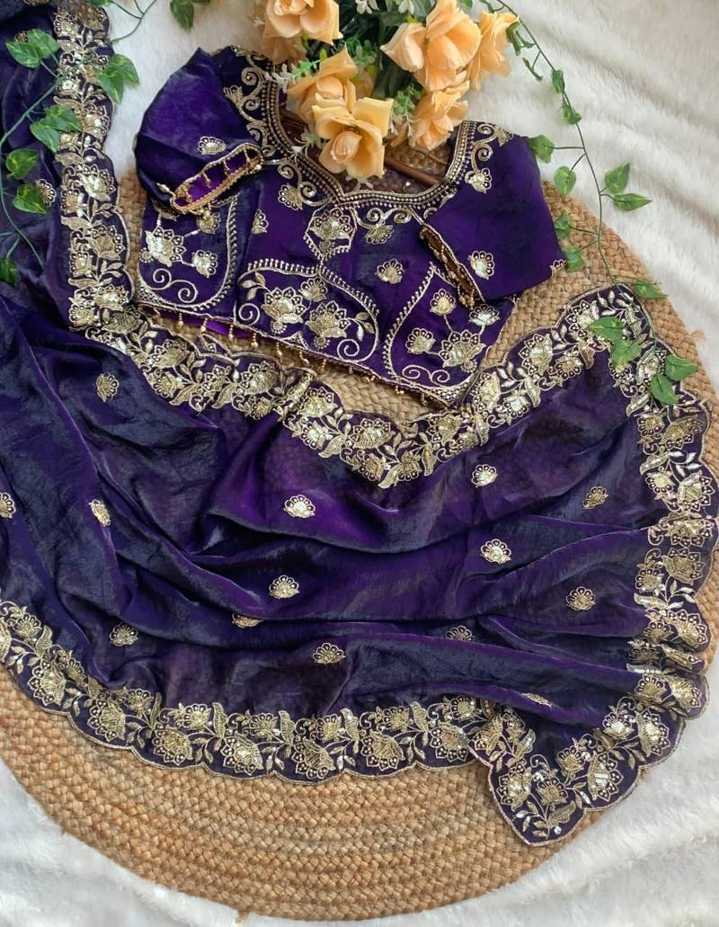 Purple Color embroidery And sequence work Satin Saree