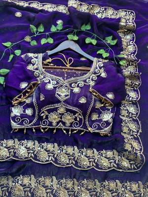 Purple Color embroidery And sequence work Satin Saree 4