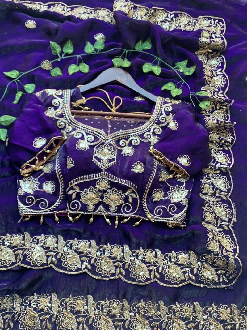 Purple Color embroidery And sequence work Satin Saree