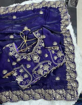 Purple Color embroidery And sequence work Satin Saree 5