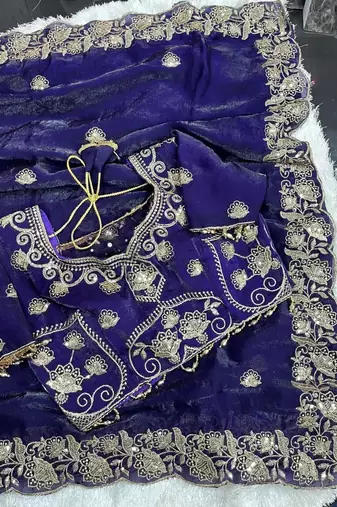 Purple Color embroidery And sequence work Satin Saree