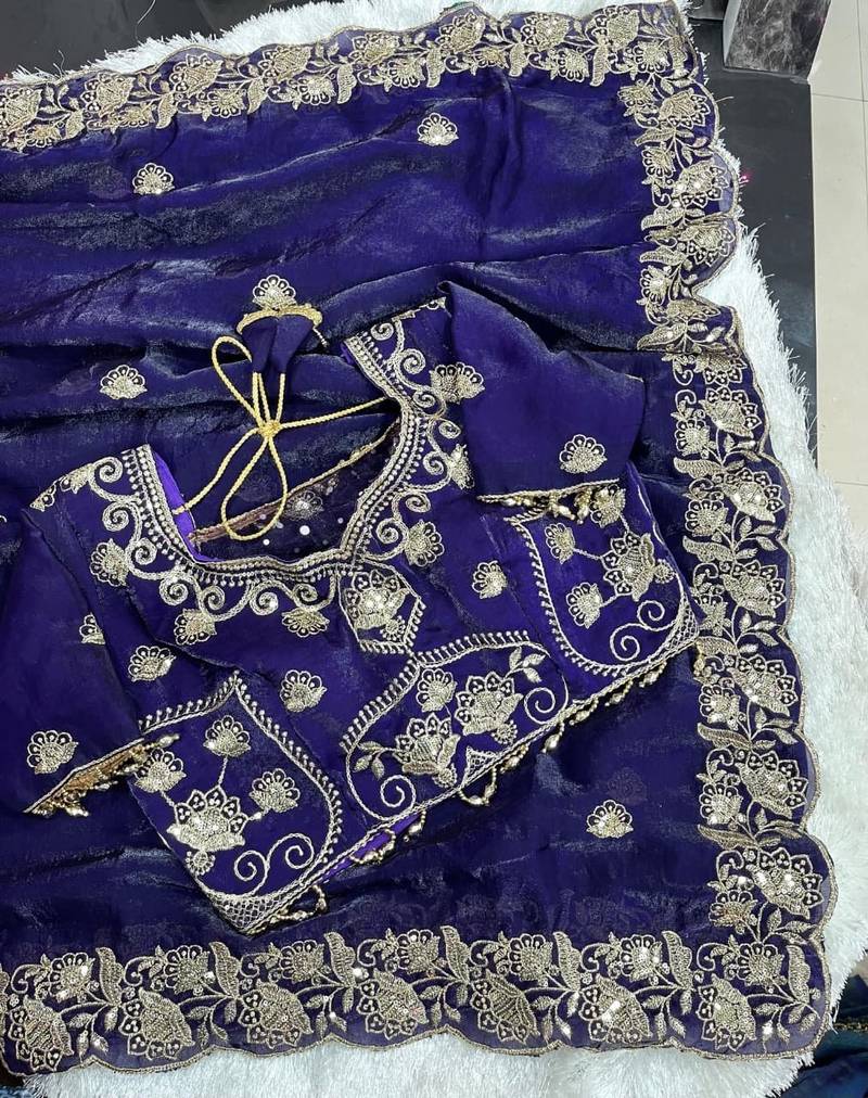 Purple Color embroidery And sequence work Satin Saree
