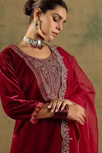 Floral Yoke Design Sequinned Velvet Straight Kurta With Trousers & Dupatta