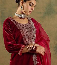 Floral Yoke Design Sequinned Velvet Straight Kurta With Trousers & Dupatta