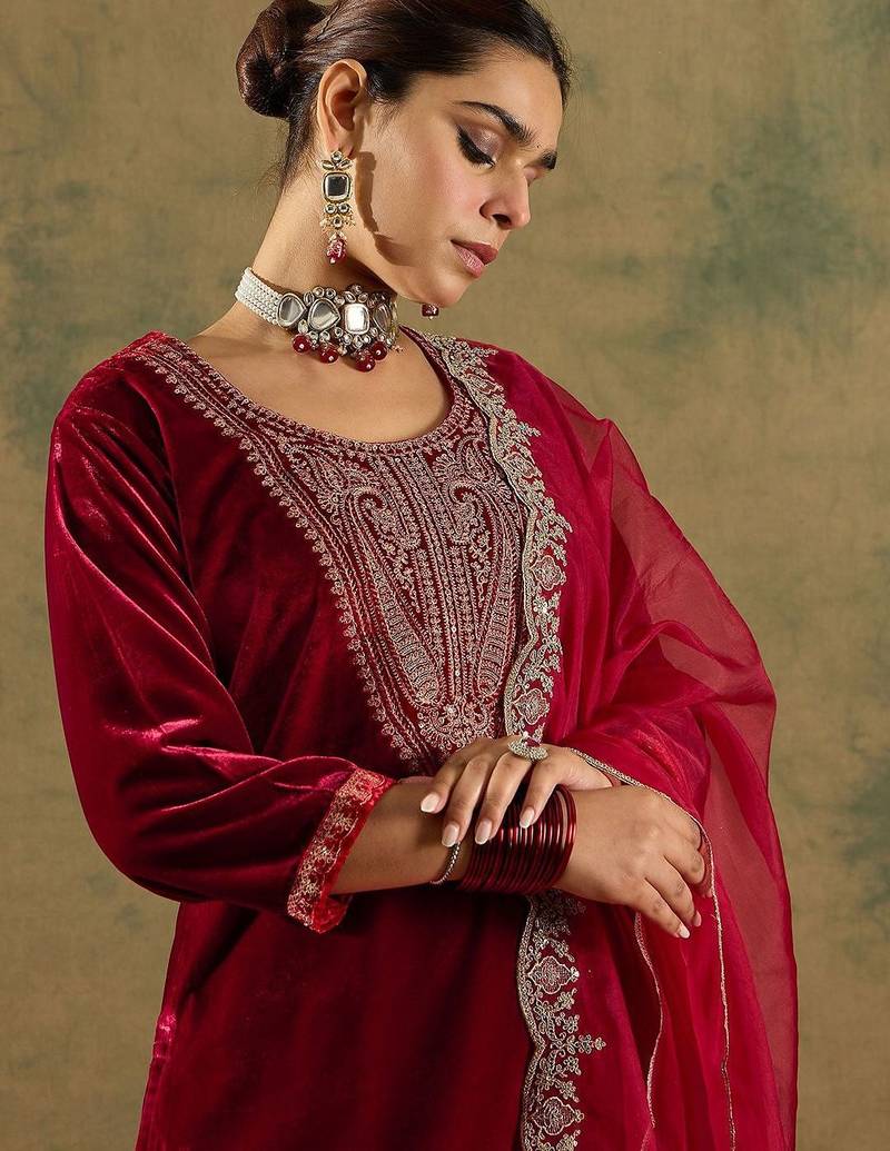 Floral Yoke Design Sequinned Velvet Straight Kurta With Trousers & Dupatta