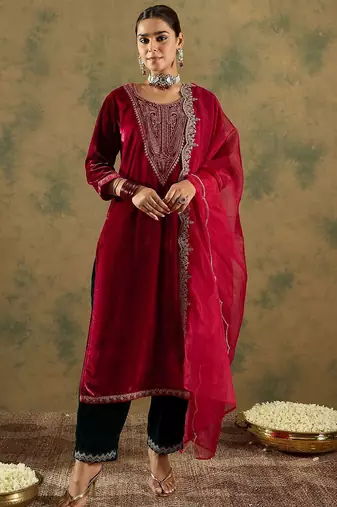 Floral Yoke Design Sequinned Velvet Straight Kurta With Trousers & Dupatta