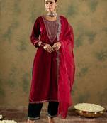 Floral Yoke Design Sequinned Velvet Straight Kurta With Trousers & Dupatta