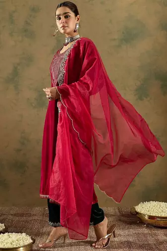 Floral Yoke Design Sequinned Velvet Straight Kurta With Trousers & Dupatta