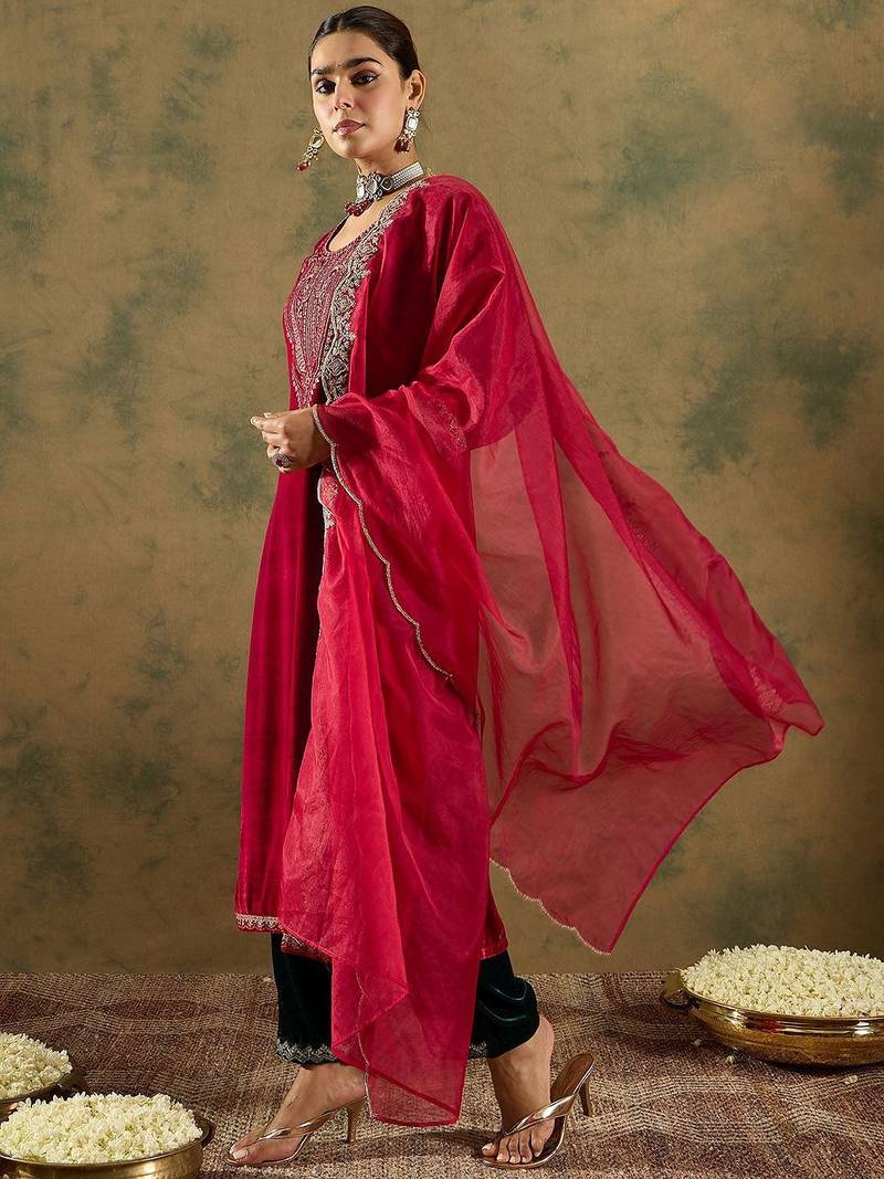 Floral Yoke Design Sequinned Velvet Straight Kurta With Trousers & Dupatta