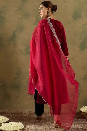 Floral Yoke Design Sequinned Velvet Straight Kurta With Trousers & Dupatta