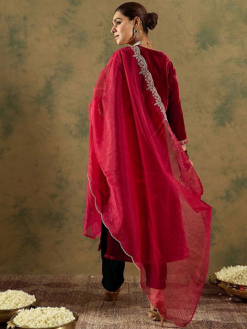 Floral Yoke Design Sequinned Velvet Straight Kurta With Trousers & Dupatta