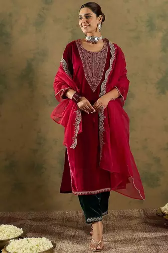 Floral Yoke Design Sequinned Velvet Straight Kurta With Trousers & Dupatta