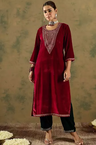 Floral Yoke Design Sequinned Velvet Straight Kurta With Trousers & Dupatta