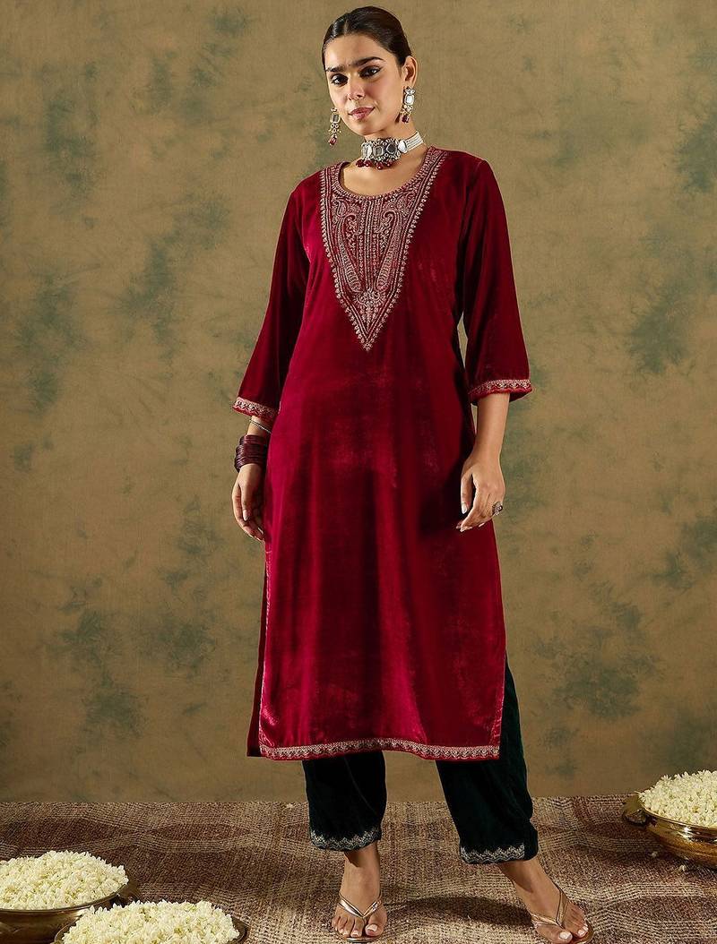 Floral Yoke Design Sequinned Velvet Straight Kurta With Trousers & Dupatta