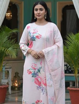 Floral Printed Linen Straight Kurta With Trousers & Dupatta 1