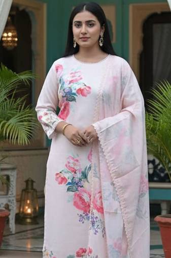 Floral Printed Linen Straight Kurta With Trousers & Dupatta