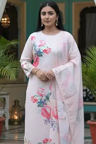 Floral Printed Linen Straight Kurta With Trousers & Dupatta