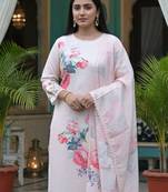 Floral Printed Linen Straight Kurta With Trousers & Dupatta