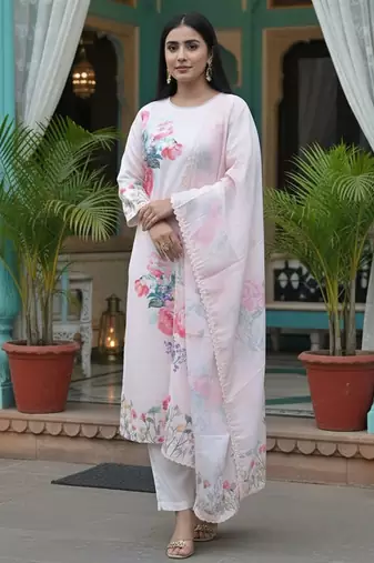 Floral Printed Linen Straight Kurta With Trousers & Dupatta