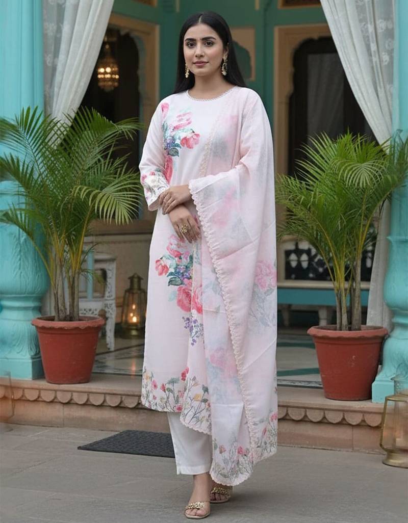 Floral Printed Linen Straight Kurta With Trousers & Dupatta