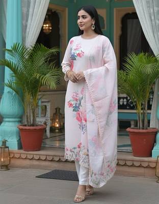 Floral Printed Linen Straight Kurta With Trousers & Dupatta 3
