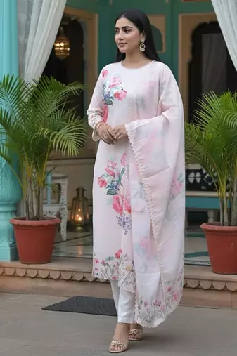 Floral Printed Linen Straight Kurta With Trousers & Dupatta