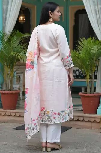 Floral Printed Linen Straight Kurta With Trousers & Dupatta