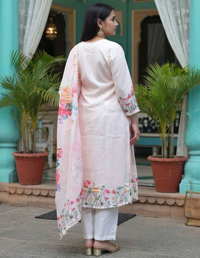 Floral Printed Linen Straight Kurta With Trousers & Dupatta