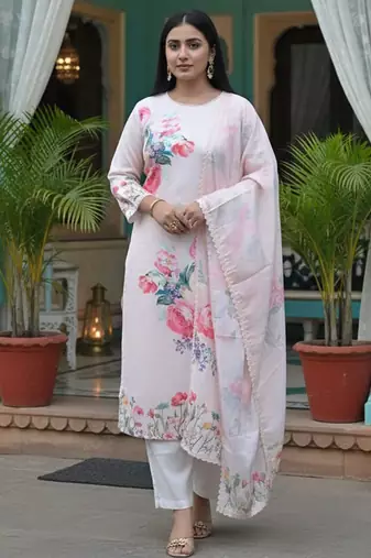 Floral Printed Linen Straight Kurta With Trousers & Dupatta