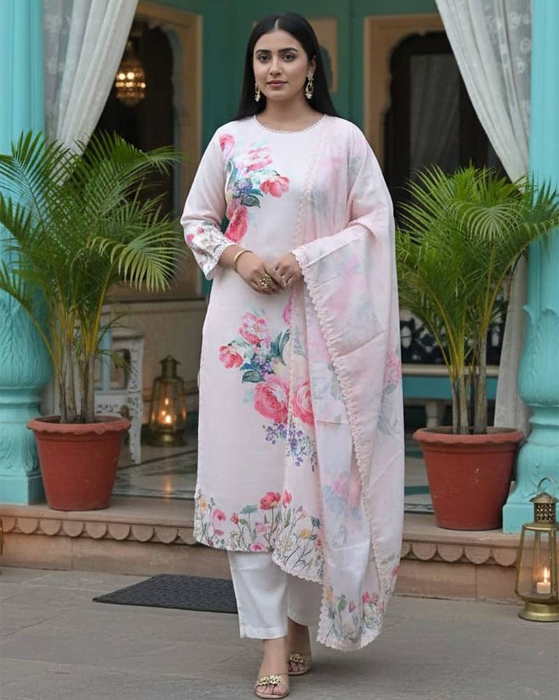 Floral Printed Linen Straight Kurta With Trousers & Dupatta