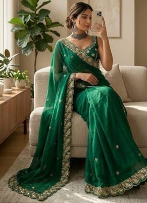 Rama Color embroidery And sequence work Satin Saree 1