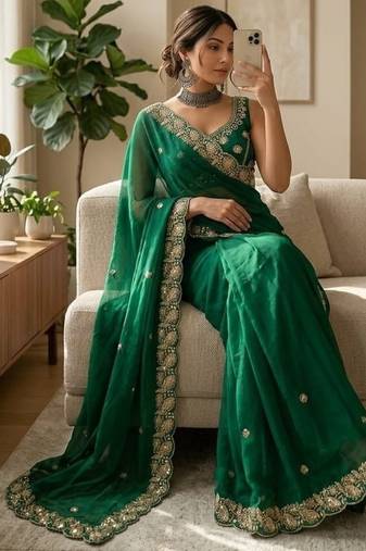 Rama embroidery And sequin work Satin Saree