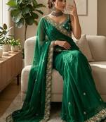 Rama Color embroidery And sequence work Satin Saree