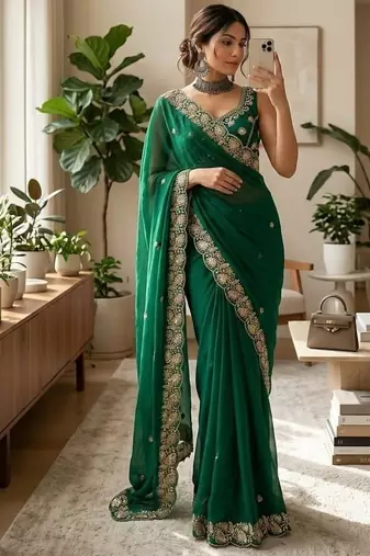 Rama Color embroidery And sequence work Satin Saree