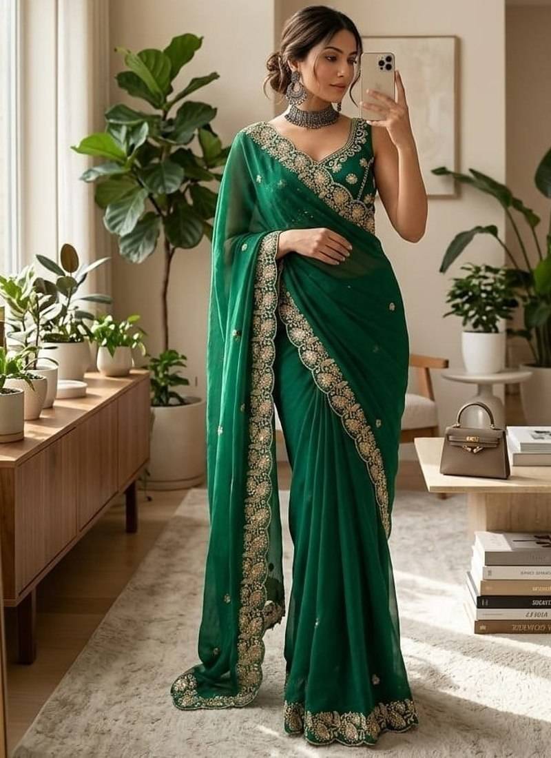 Rama Color embroidery And sequence work Satin Saree