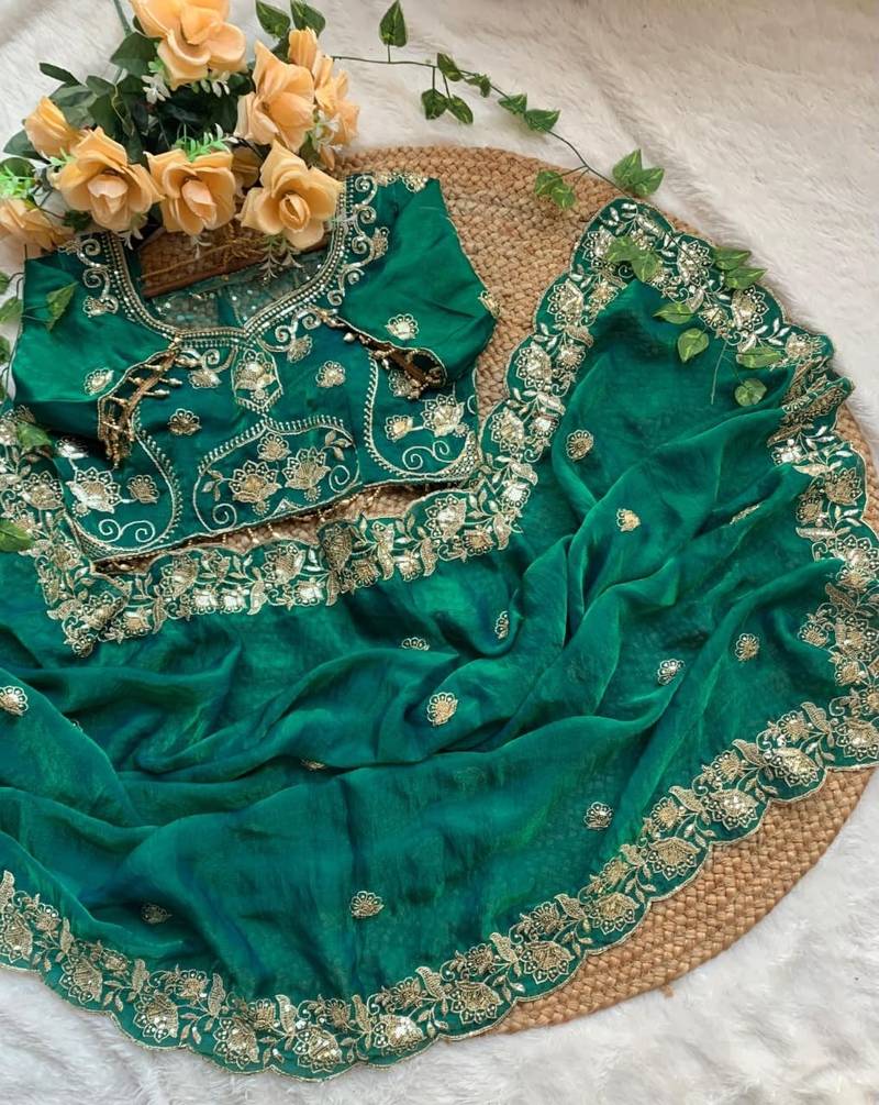 Rama Color embroidery And sequence work Satin Saree