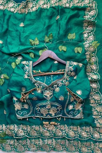 Rama Color embroidery And sequence work Satin Saree