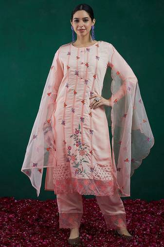 Floral Embroidered Straight Kurta With Trousers & Dupatta