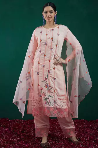 Floral Embroidered Straight Kurta With Trousers & Dupatta