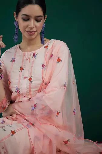 Floral Embroidered Straight Kurta With Trousers & Dupatta