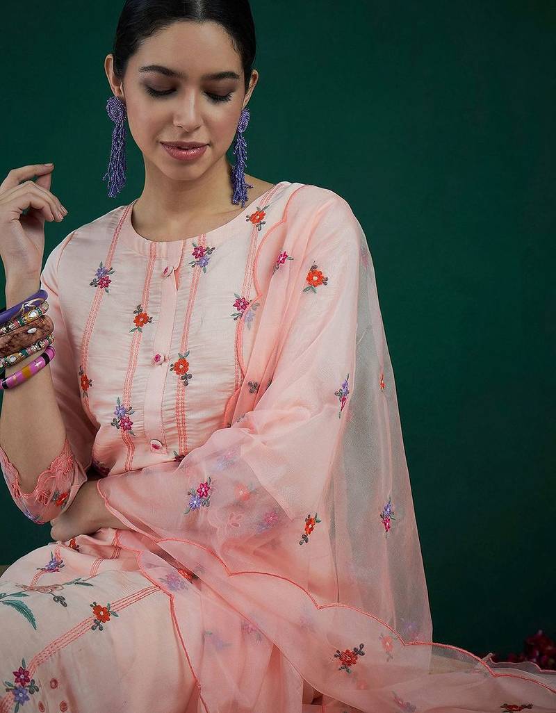 Floral Embroidered Straight Kurta With Trousers & Dupatta
