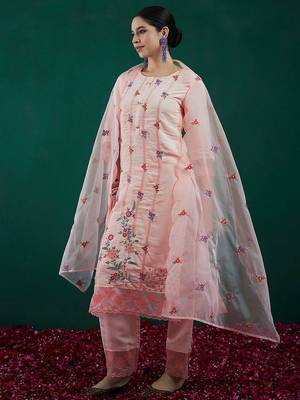 Floral Embroidered Straight Kurta With Trousers & Dupatta 5